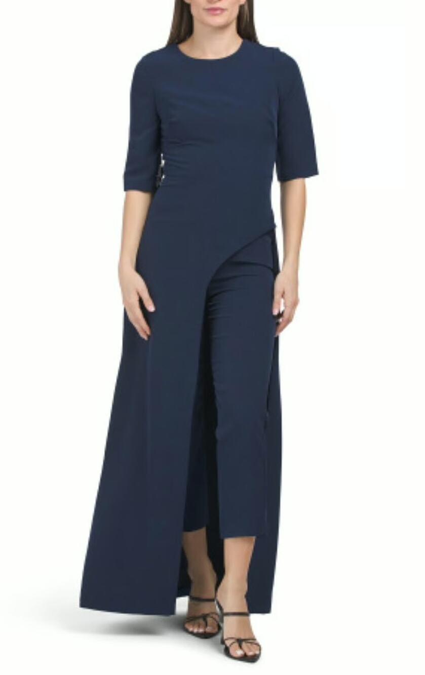 Kay Unger Davina Midnight Navy Walk Thru Asymmetric Skirted Jumpsuit Size 12
